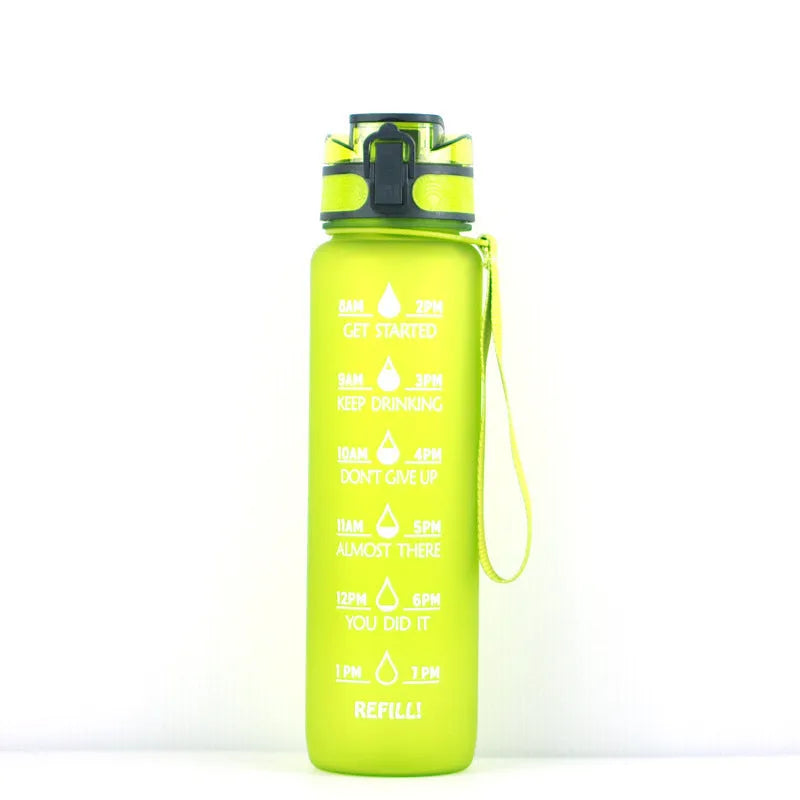 Clear 1000ml Tritan sports water bottle with blue lid and infuser inside, showing measurements.