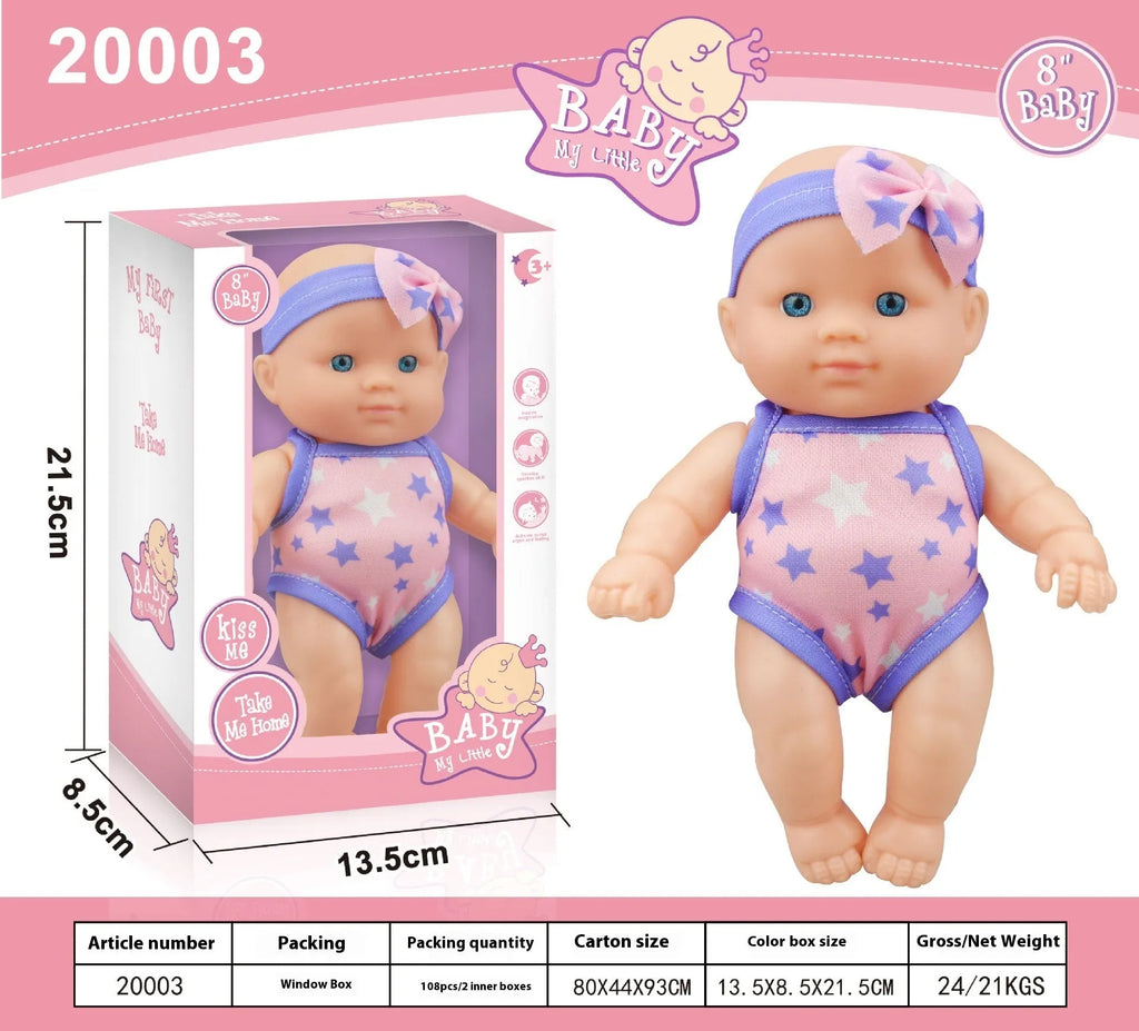 Simulation baby vinyl figurine doll displayed on a surface, showing detailed features.