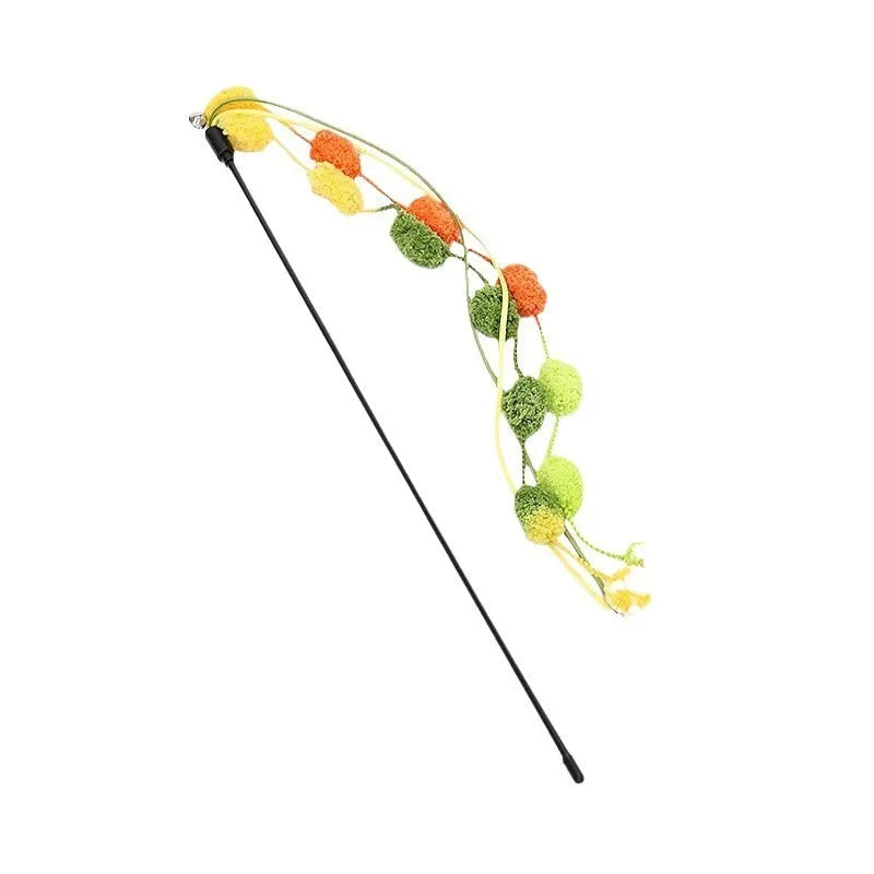 Rainbow cotton candy plush cat teaser on a long, bite-resistant stick with a bell inside.