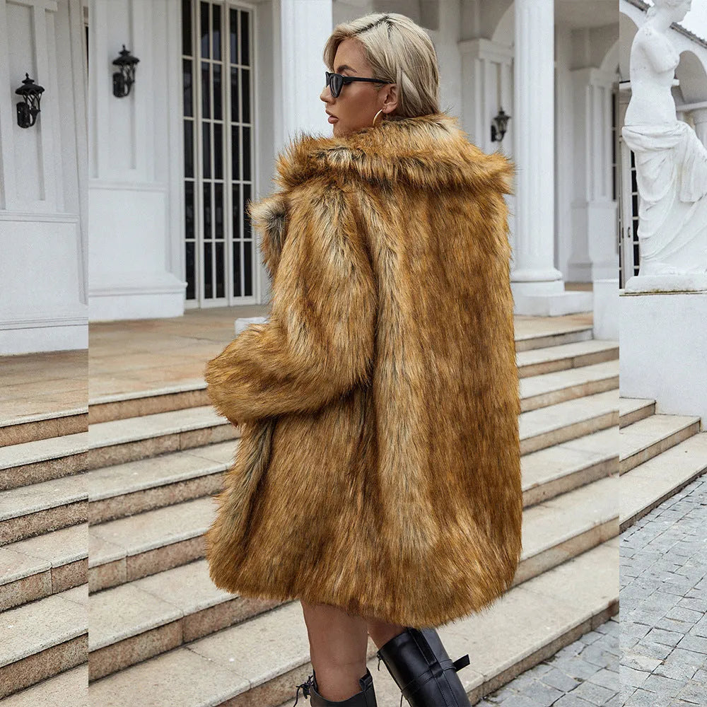 Women's yellow artificial fur coat with loose fit and 80cm length, showing regular sleeves and faux fur texture