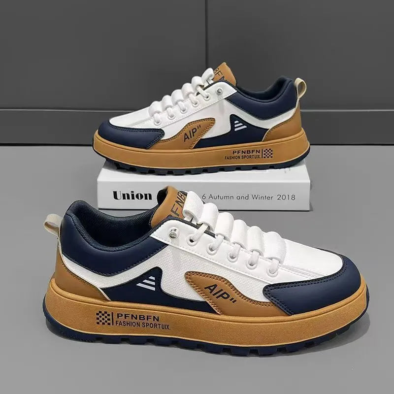 Men's casual shoes with round toe design in artificial PU material, showing white with orange accent colour option