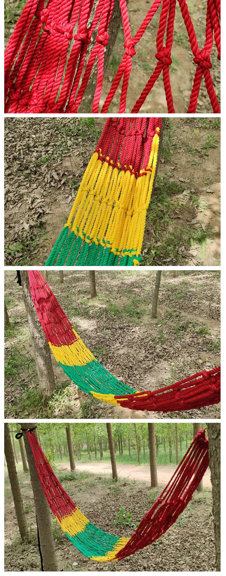 Green nylon rope mesh hammock hung between two trees with tying ropes.
