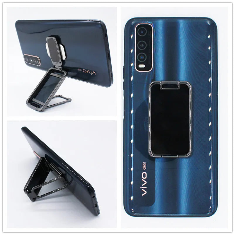 Foldable mobile phone holder with retractable ring buckle in zinc alloy, showing adjustable angle for devices