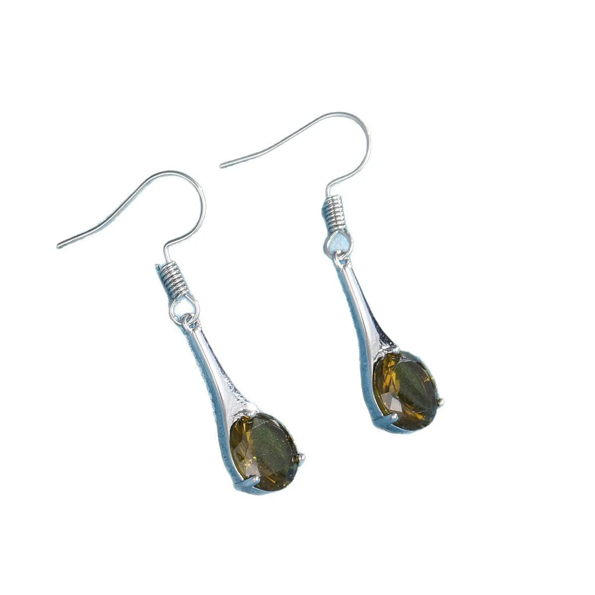 Olive green topaz earrings with water drop shape measuring 2-3cm, electroplated alloy construction