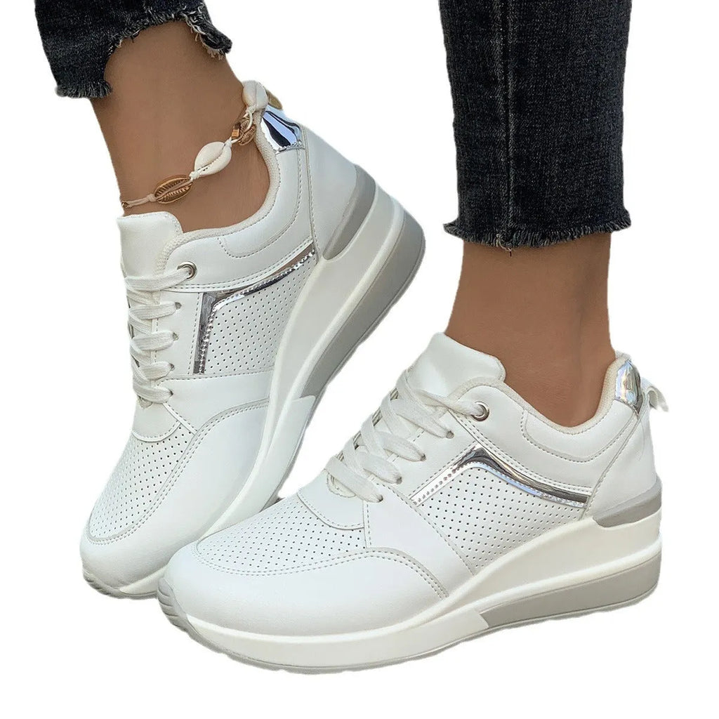 Women's milky white wedge platform casual shoes with lace-up front on a rubber sole.