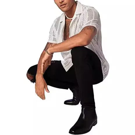 Men's black knitted short-sleeved shirt with button front and jacquard texture