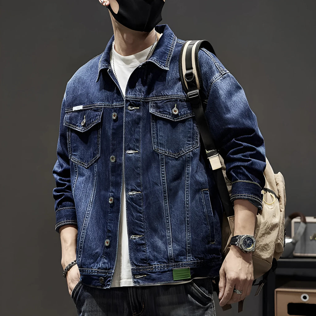 Men's heavy industry retro denim jacket in cotton, solid colour, sizes L to 7XL, dark blue and black options