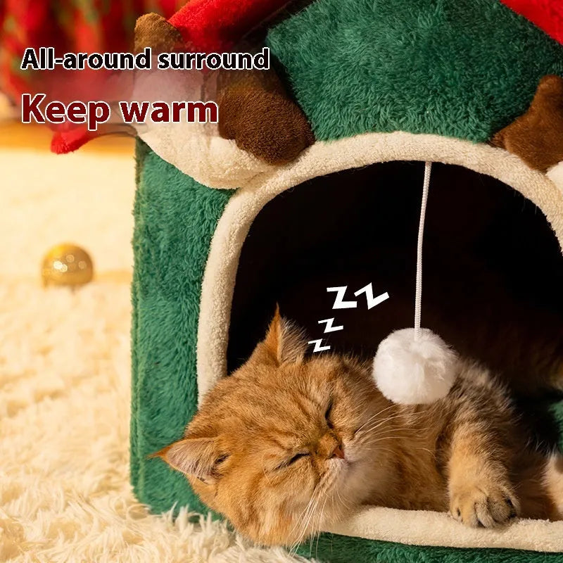 Christmas cat nest in red top elk design, removable washable cotton pet bed for cats and small dogs