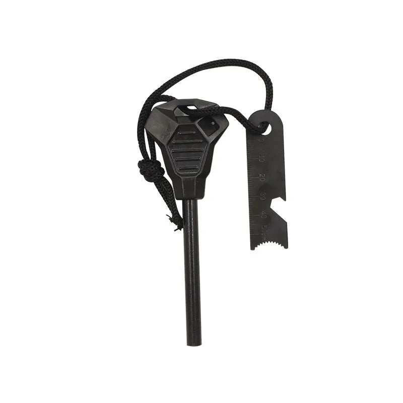 Black multifunctional outdoor survival flint with magnesium rod and stainless steel scraper showing six tool functions