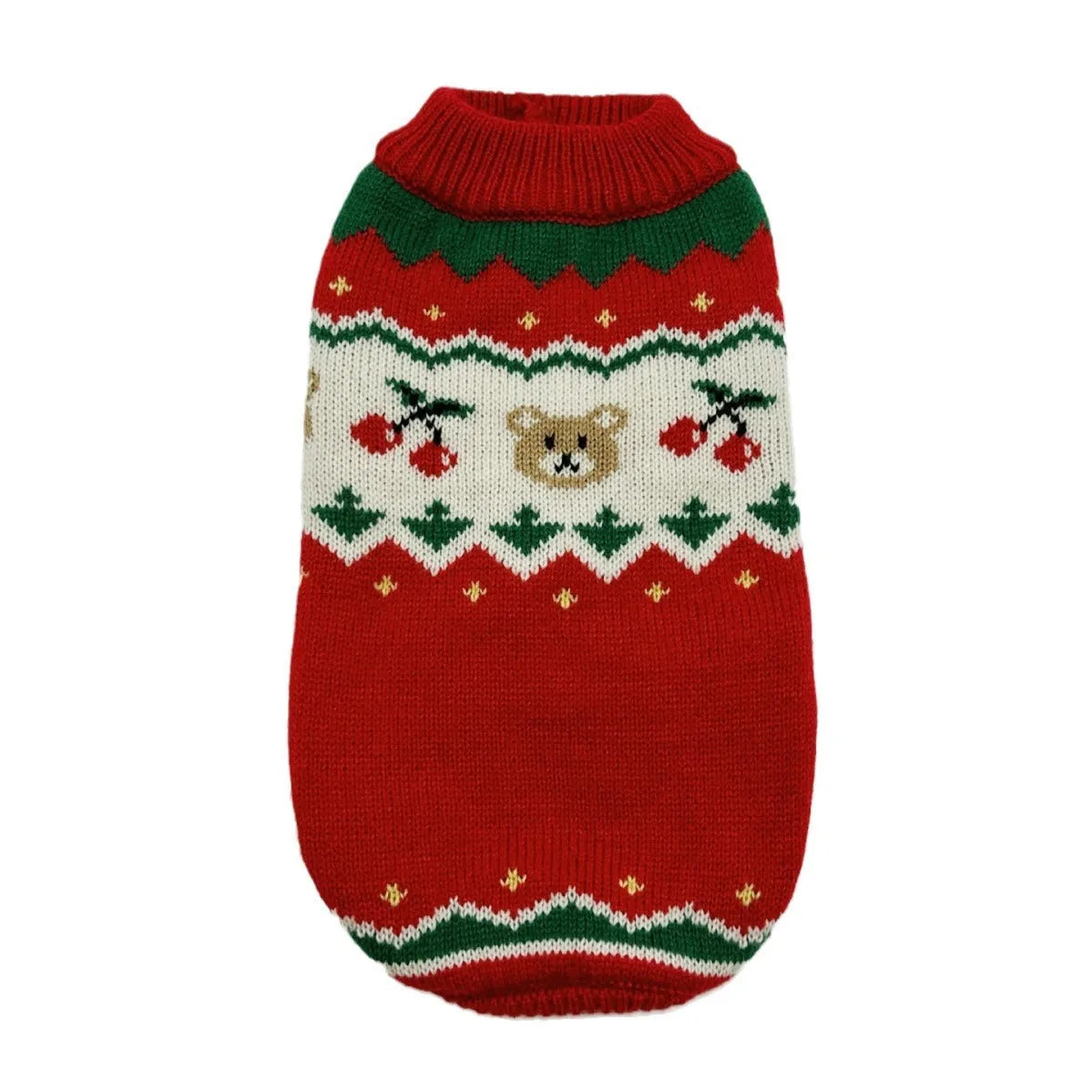 Red Christmas sweater for small dog with cherry pattern, polyester knit pet clothing