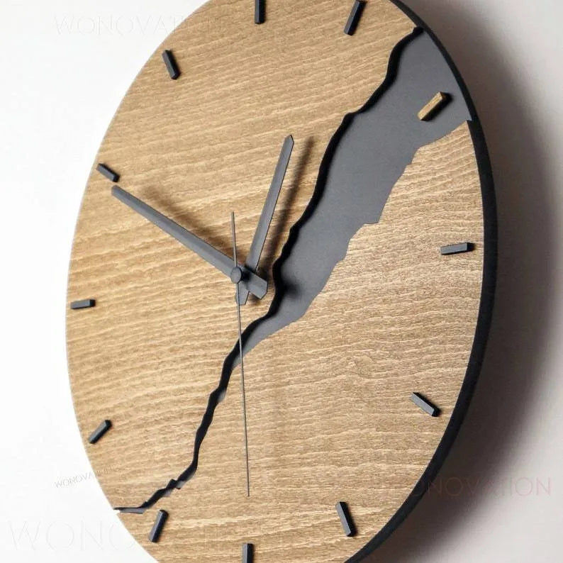 Modern wooden wall clock with cracked finish showing black hands and Arabic numerals on 30cm diameter face