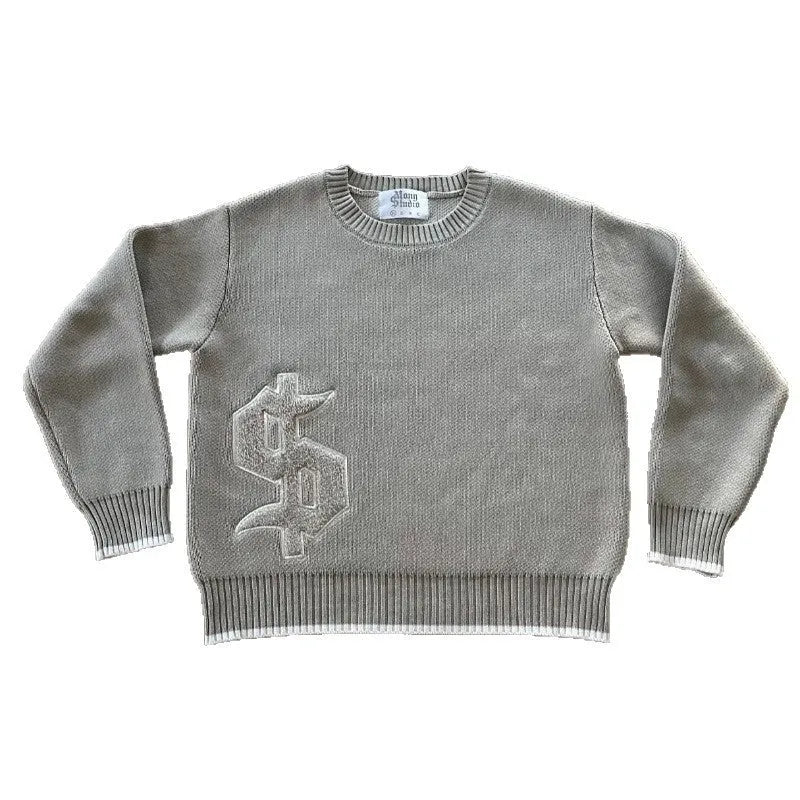 Grey loose-fitting knitwear coat with long sleeves, acetate fibre construction, pullover design for autumn winter wear