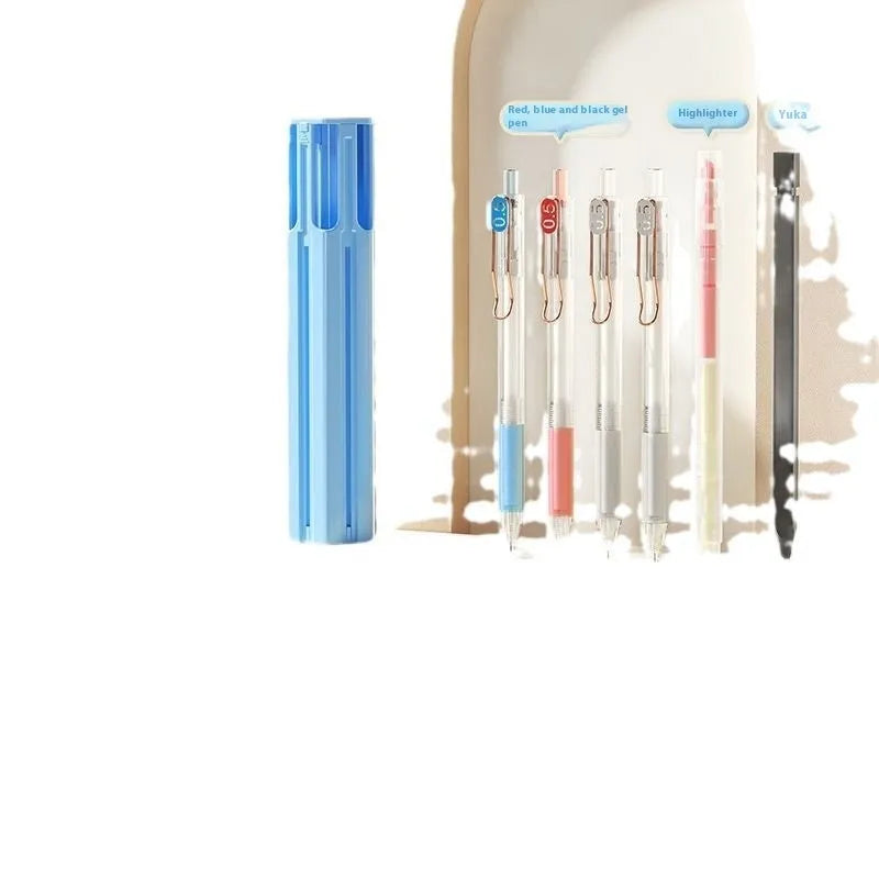 Plastic pencil case with press-fit closure containing six pens in sky blue colour