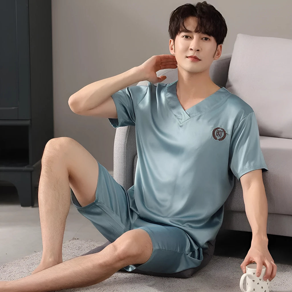 Men's ice silk pajama set with short sleeve shirt and loose fit shorts in multiple colour options