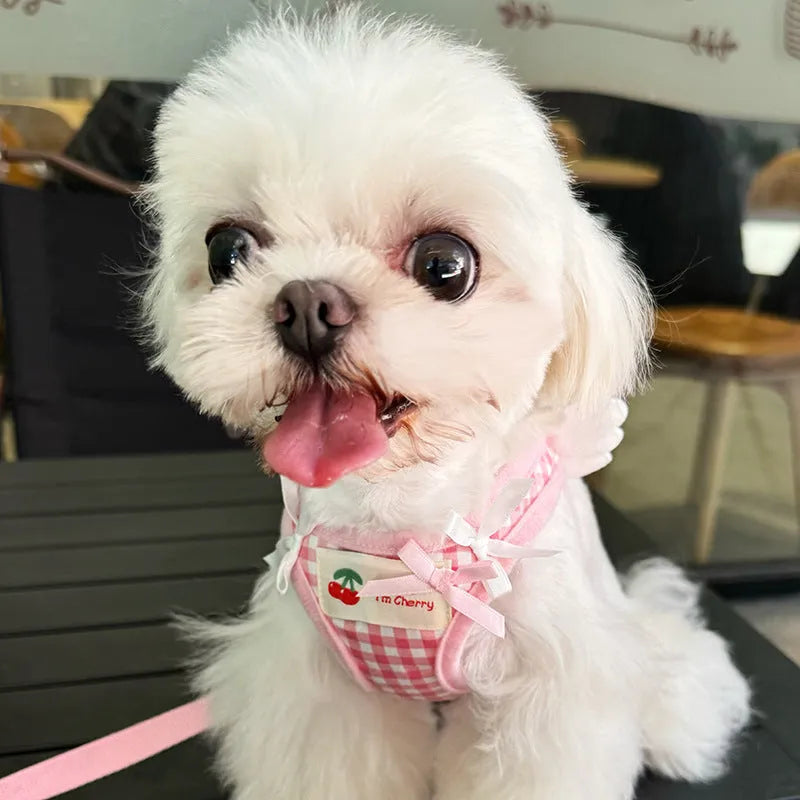 Pink and black cotton chest-back harness for small dogs with hand holding rope, adjustable sizing XS to 2XL