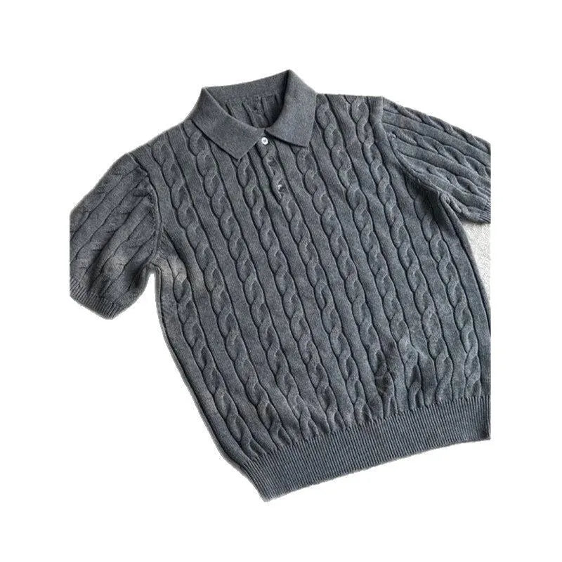 Men's grey twisted combed cotton knitted t-shirt on a hanger, short sleeve casual design