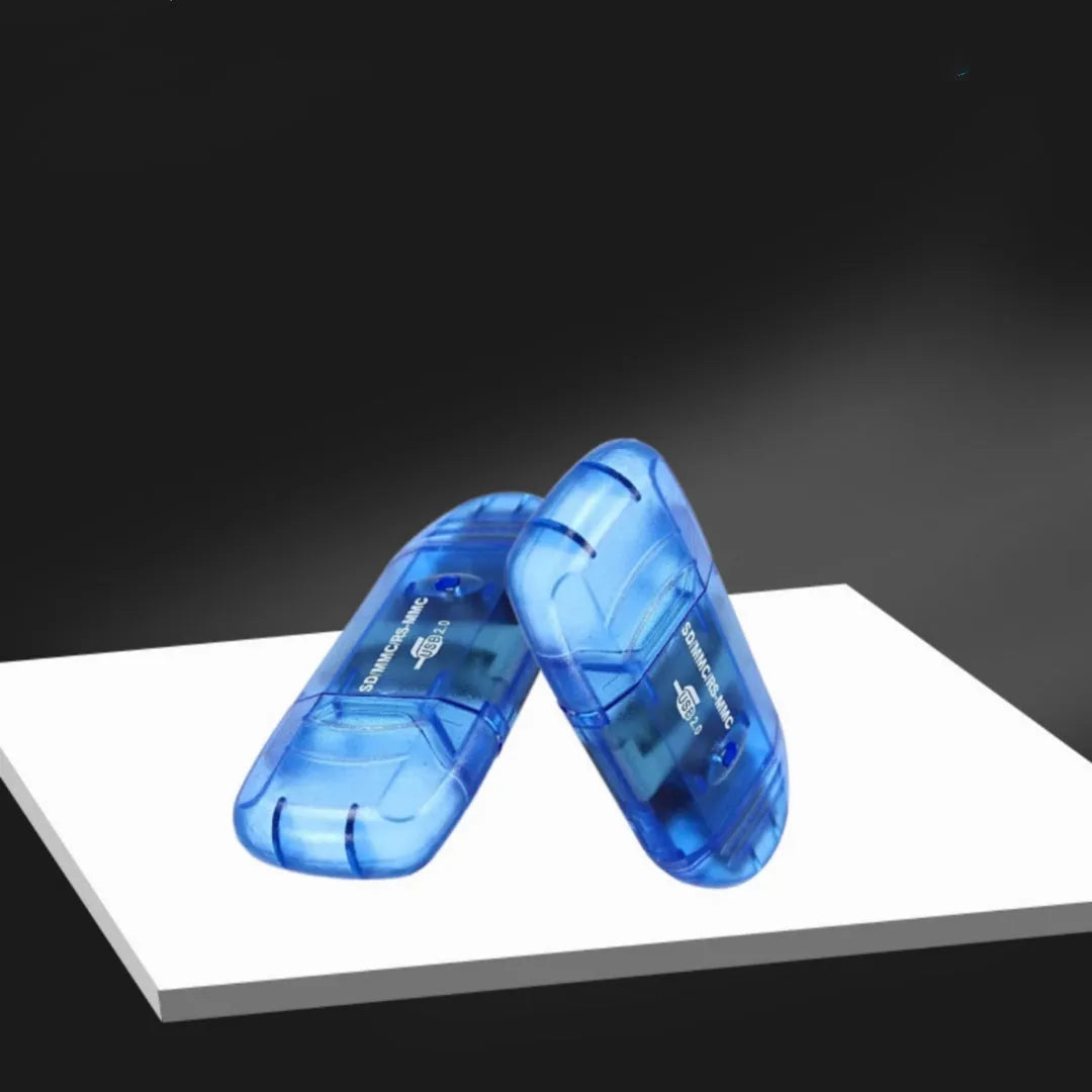 Transparent plastic USB card reader with LED lights showing 7.5 inch length and memory card slots