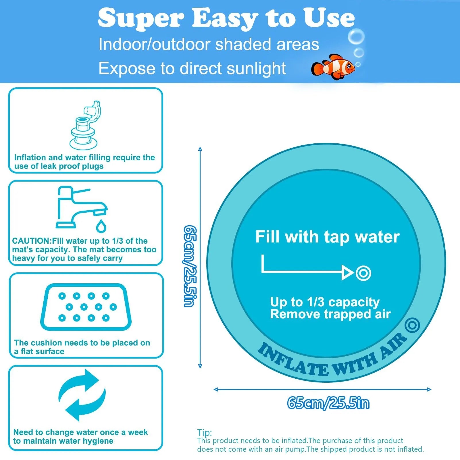 Water sensory playmat for cats and dogs with ocean fish theme, 4 floating toys, thickened PVC material, 8cm depth