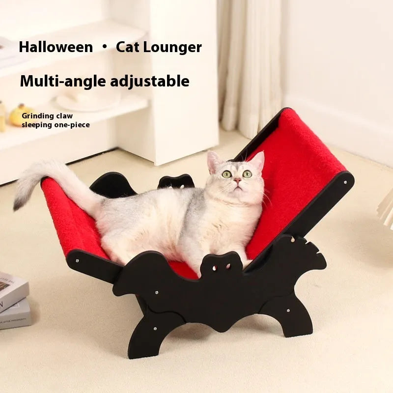 Wooden cat recliner with bat-shaped backrest in black and red Halloween colours