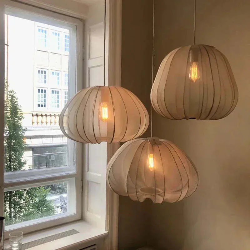 Japanese-style net pumpkin ceiling lamp with iron frame and fabric covering in grey-blue finish