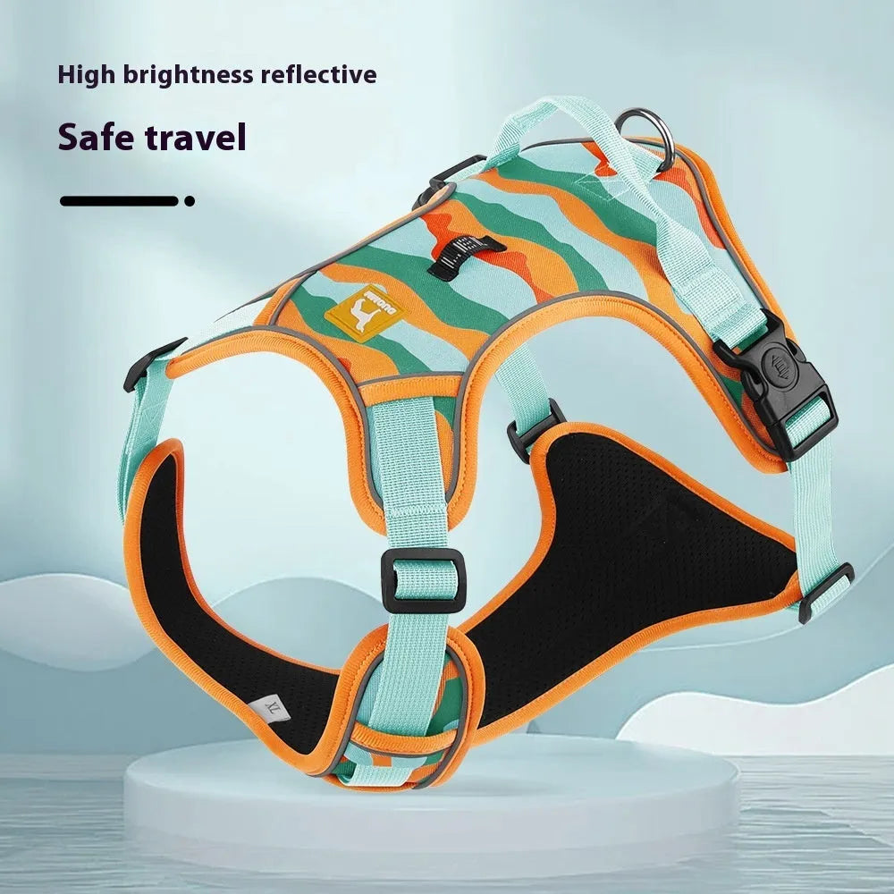 Adjustable dog harness with reflective strips on Oxford cloth, available in orange, army green, grey, and chocolate colours.