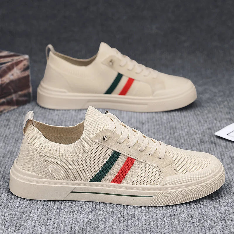 Men's beige casual sneakers with elastic band, mesh lining, and rubber sole shown from side view