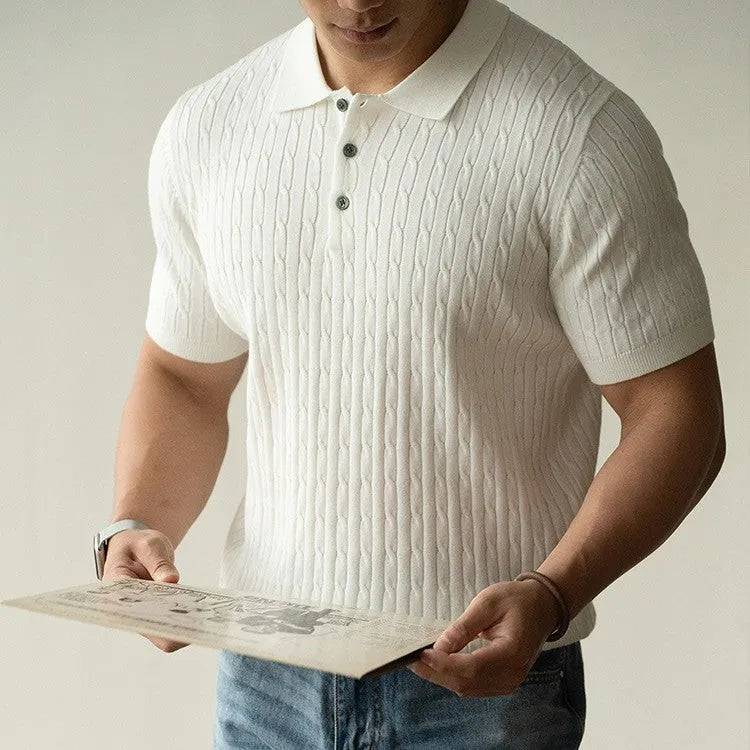 Men's short-sleeve top in khaki, black, or white for business and casual wear, showing fabric detail and fit