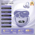 Ear clip wireless Bluetooth headphones with silicone earpieces, sporty style, shown in Aurora Purple, Chaos Black, or Elegant Skin