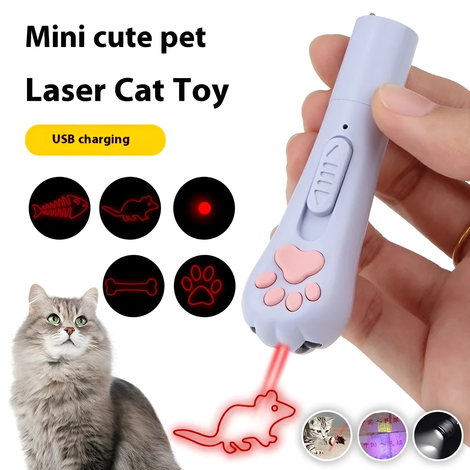 Plastic infrared cat teasing stick with rotating light, showing blue colour option