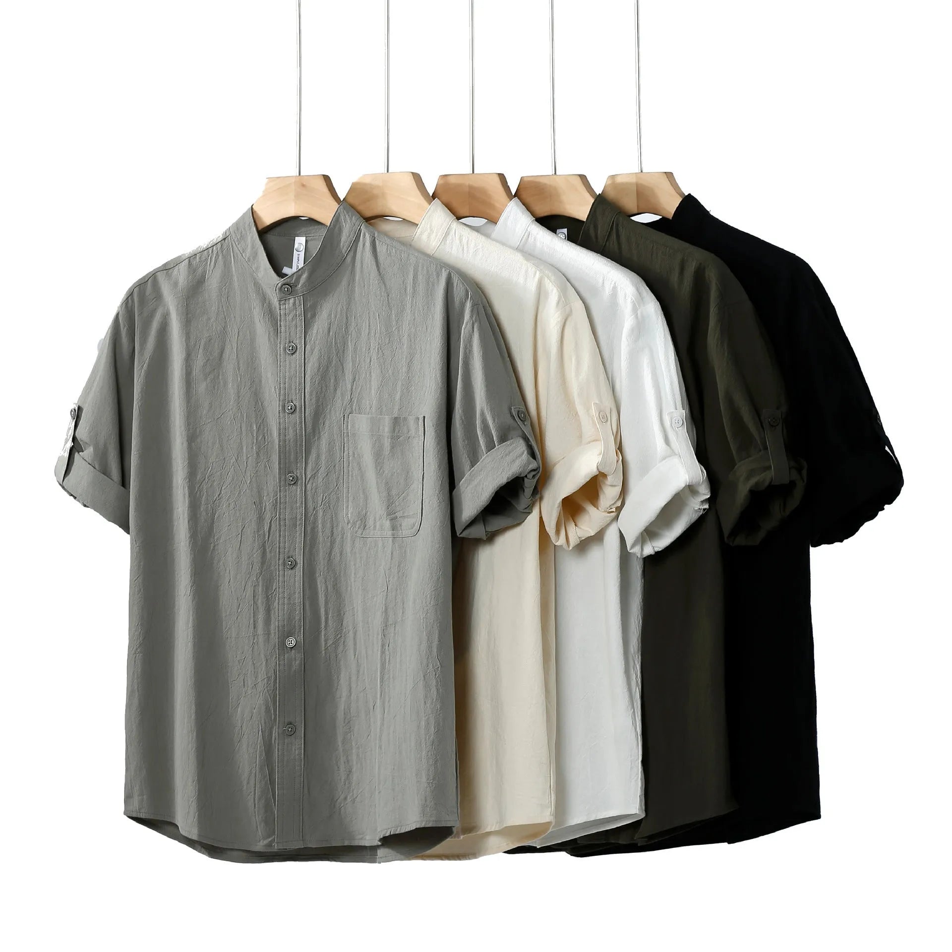 Men's loose fit linen short-sleeve shirt in a solid colour with a simple stand collar.