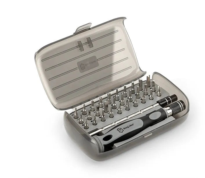 32-in-1 screwdriver set with multiple bits organised in a black plastic case.