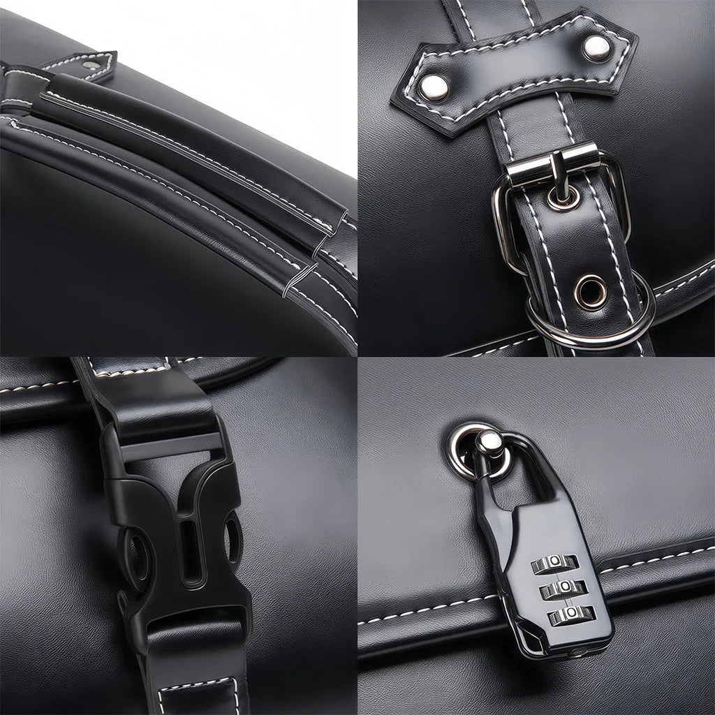 Dark punk motorcycle tail bag with coded lock mounted on cruiser motorcycle