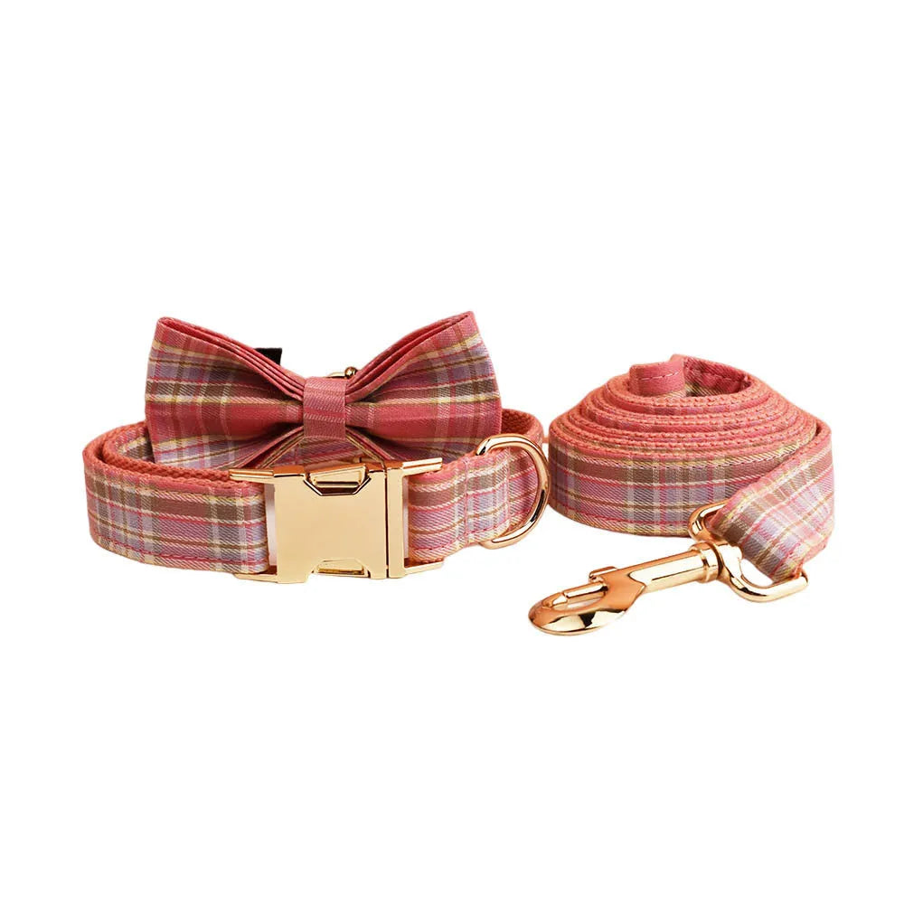 Plaid fabric dog collar and leash set with decorative bow accessory