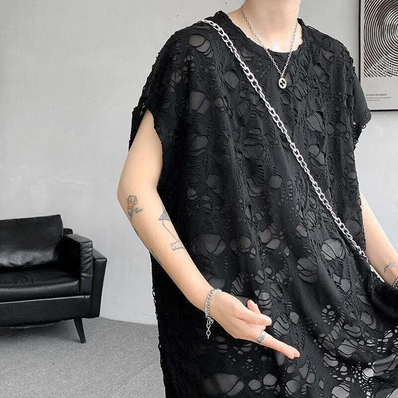 Black ripped sleeveless vest with wide shoulders and loose Japanese retro pullover style.