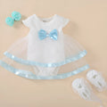 Baby girl's cotton princess dress set with lace sleeves, matching shoes, and hairband in red, pink or white colours