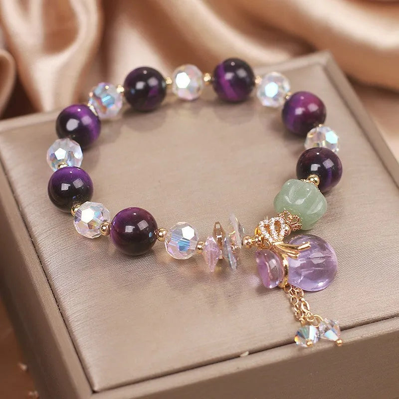 Women's purple tigereye money bag pendant crystal bracelet with rhinestone forest style design