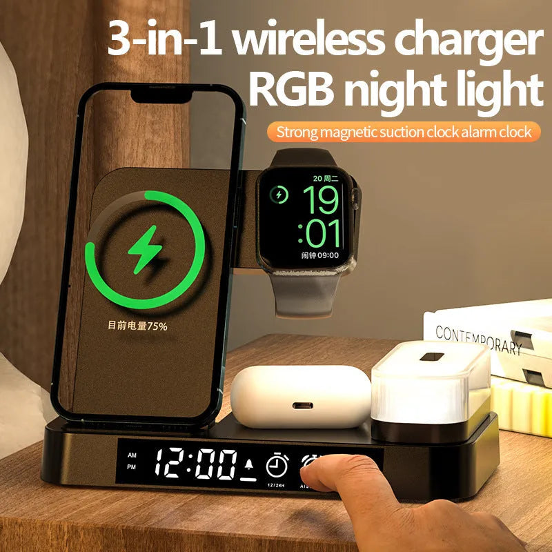 White 4-in-1 wireless charger station with foldable stand, alarm clock display, and RGB night light charging multiple devices