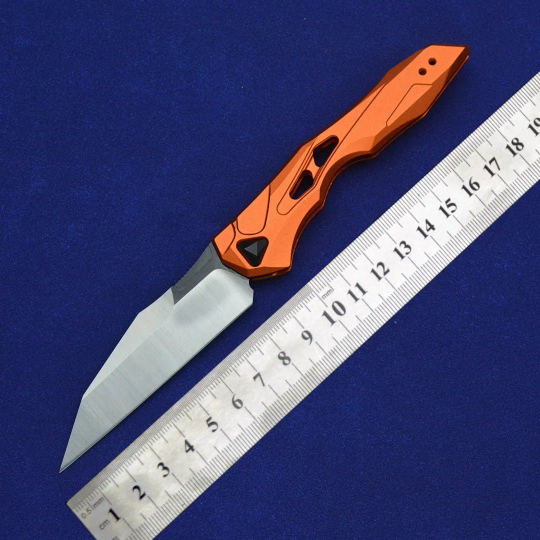 Black folding fruit knife with D2 steel blade and aluminium handle showing 19cm length
