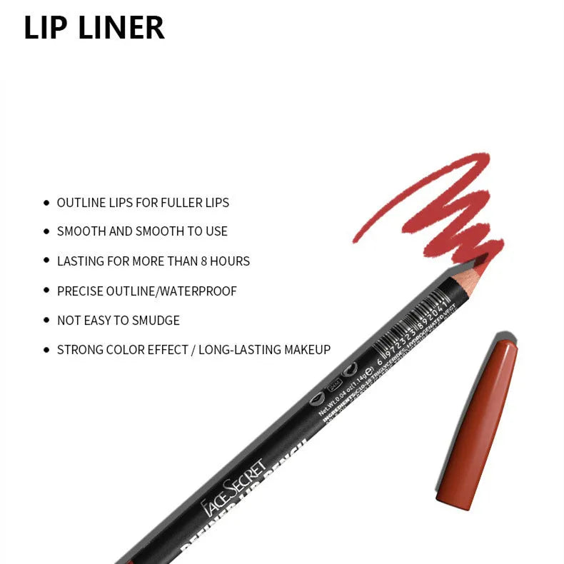 A wood-cased matte lip liner pencil shown with 14 colour shade options from 201 to 214.