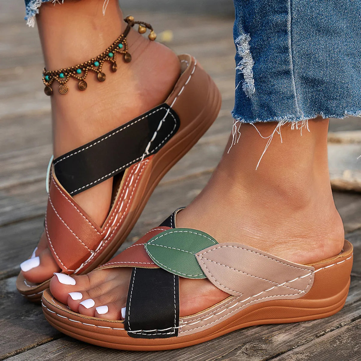 Women's casual slippers with thick soles, cross-strap design, and peep-toe in black, red, and white colours