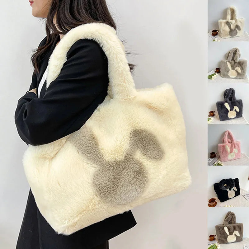 Cartoon rabbit ears plush tote bag in solid colour with shoulder strap for autumn winter use