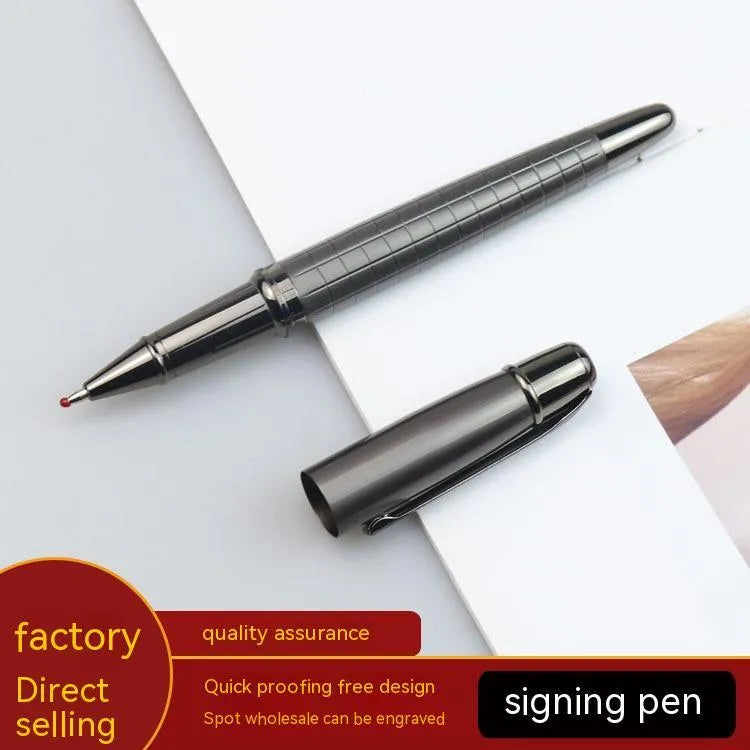 Grey aluminium metal roller pen for office signatures with black or blue water-based ink refills