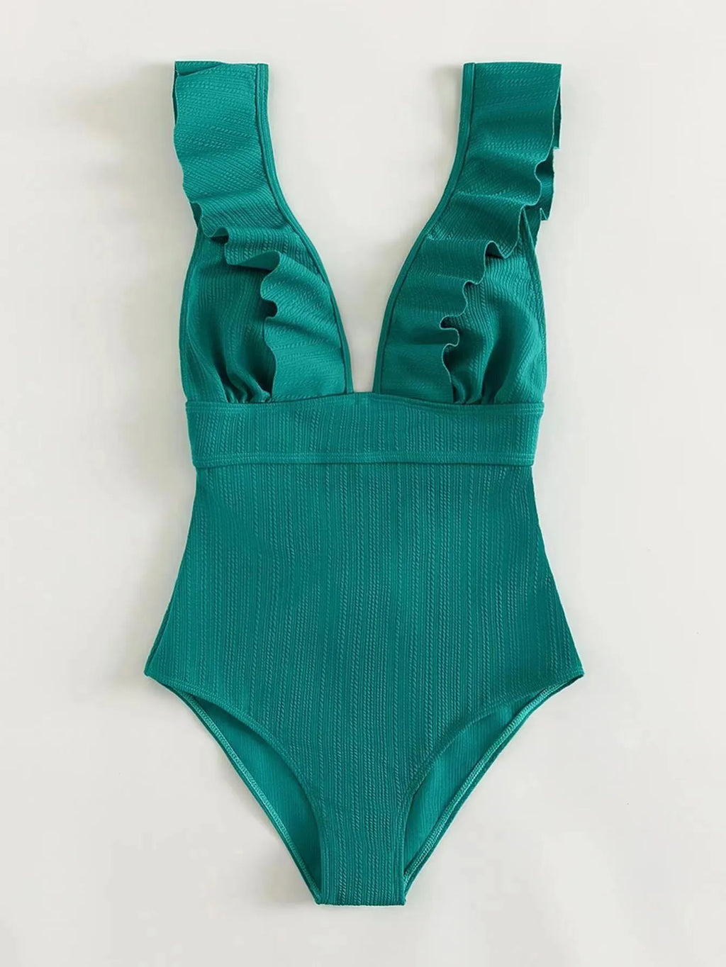 Women's black one-piece swimsuit with ruffled shoulder straps and an adjustable lace-up back closure.