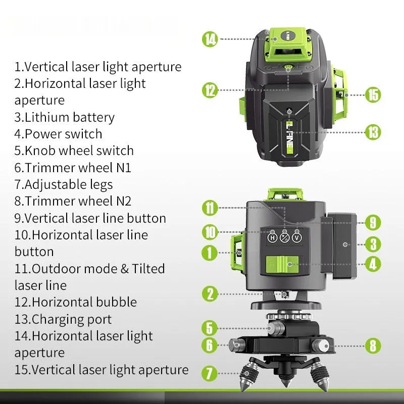 Green laser level projecting 16 lines on a wall, with 11cm x 13.5cm x 13.5cm size and 0.7kg weight for alignment tasks.