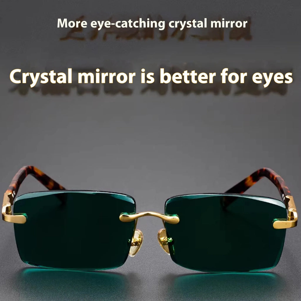 Dark green frameless crystal glasses with UV400 protection on a case