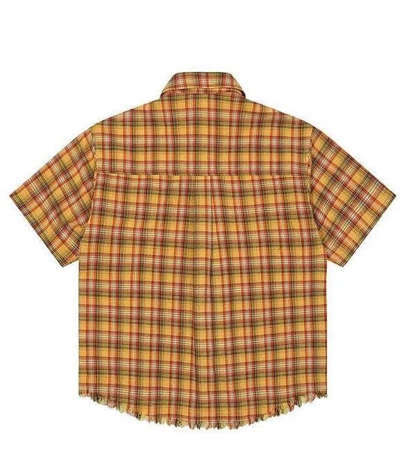 Yellow grid plaid short sleeve shirt with American embroidery pocket, loose fit for men and women