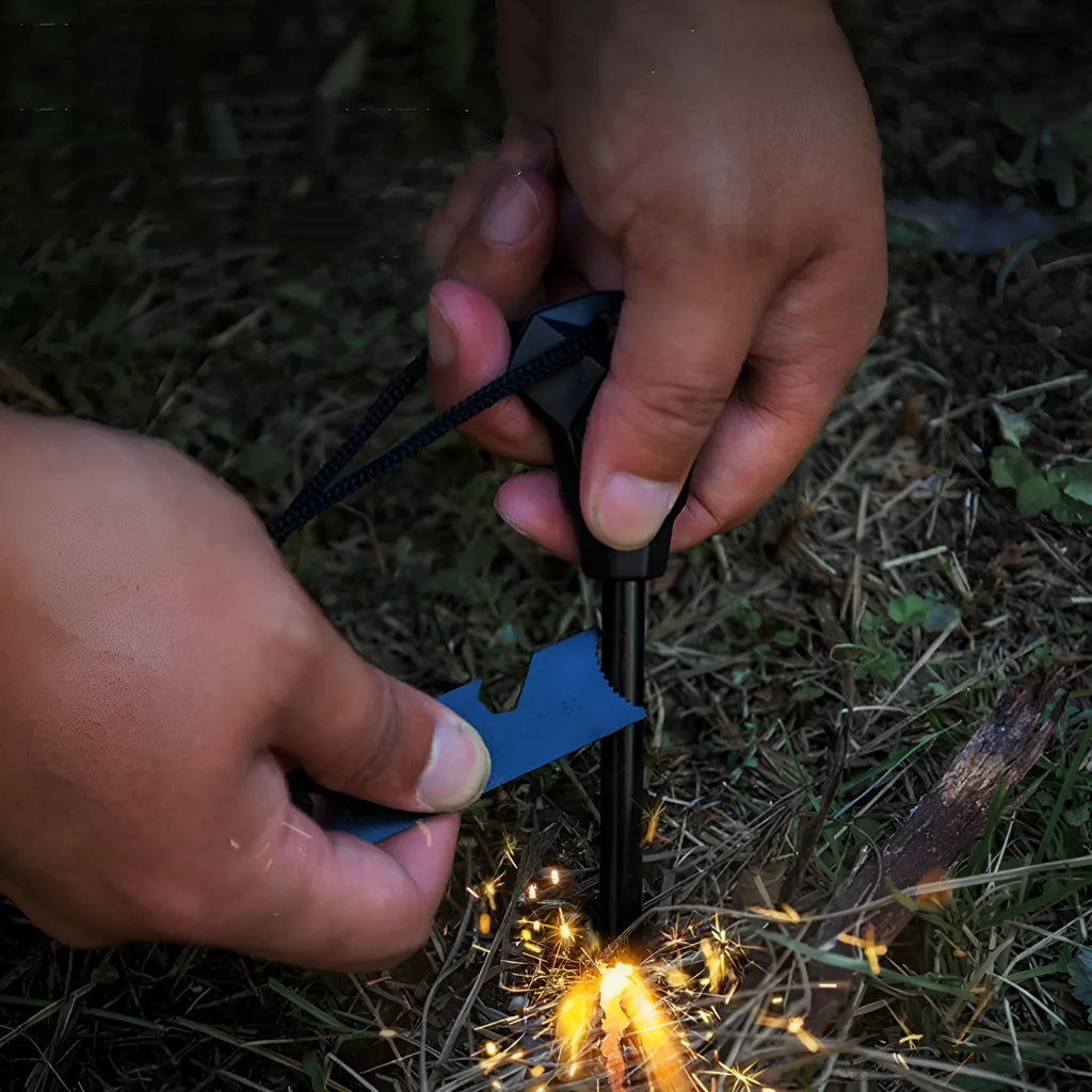 Black multifunctional outdoor survival flint with magnesium rod and stainless steel scraper showing six tool functions