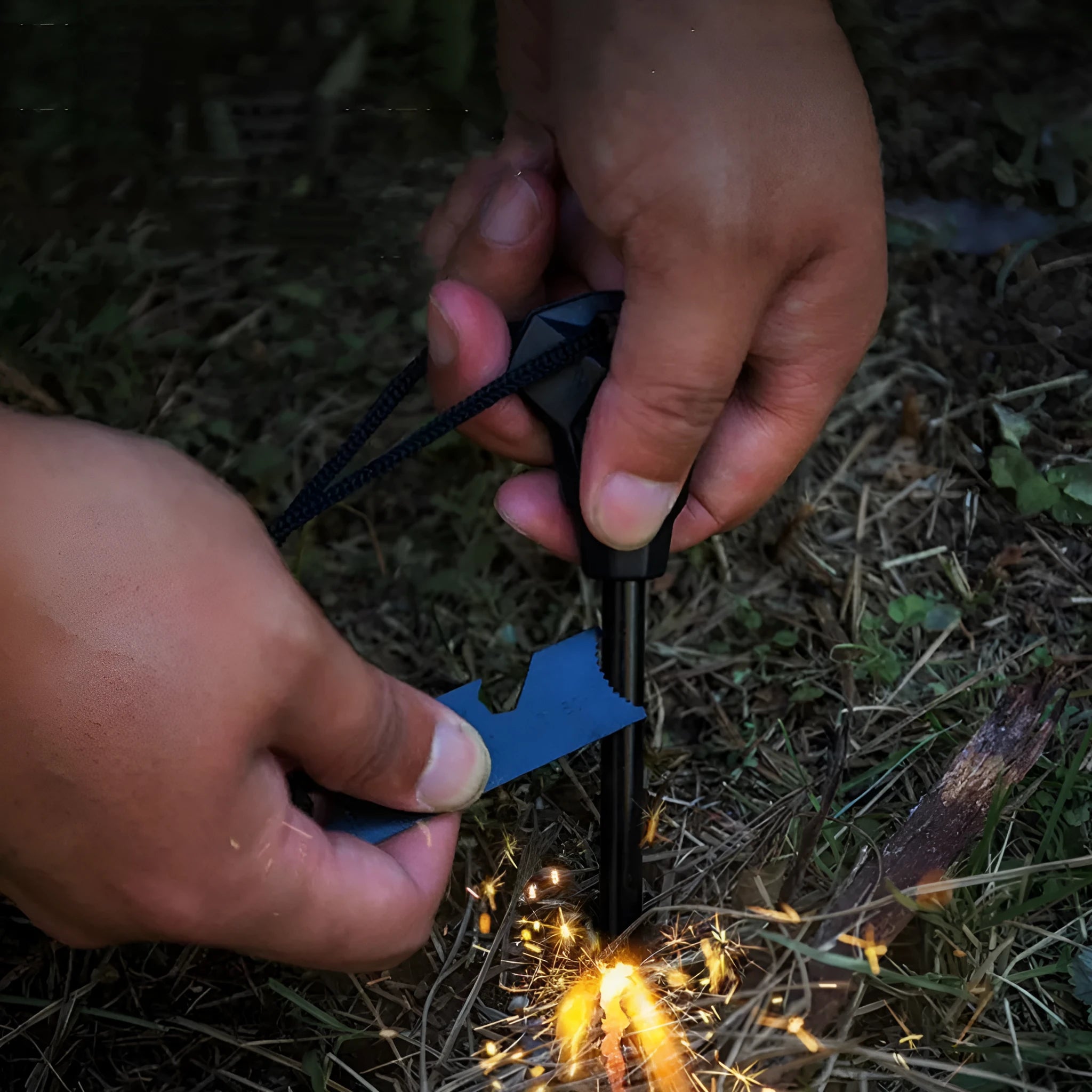 Black multifunctional outdoor survival flint with magnesium rod and stainless steel scraper showing six tool functions