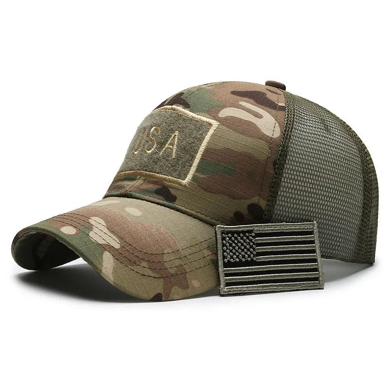 Adjustable tactical camouflage baseball cap with machine embroidery on cotton fabric in seven colour options
