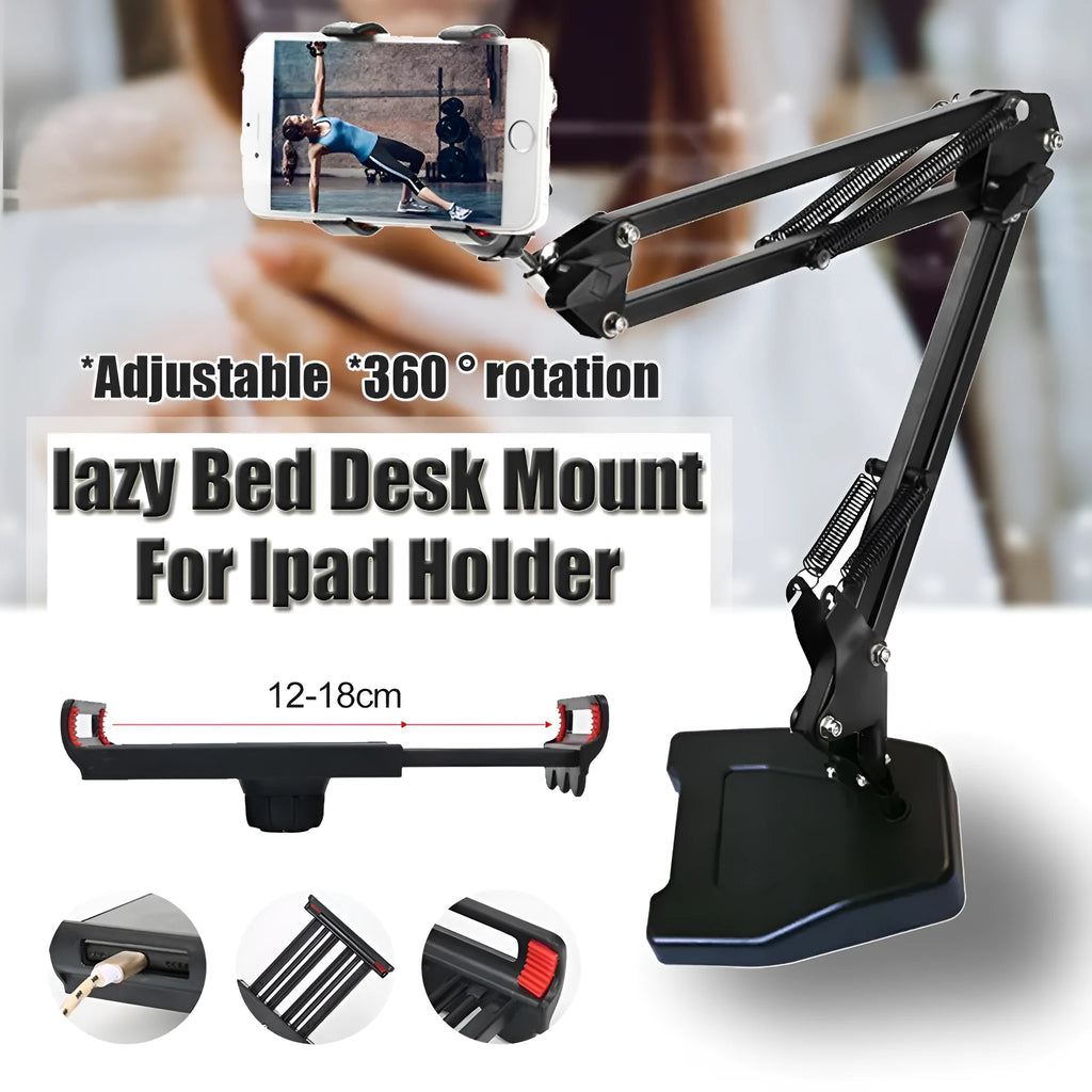 Black adjustable metal phone stand with long arm and rotating head on circular base